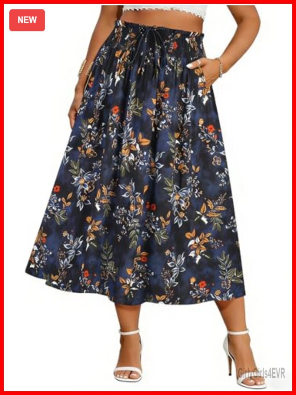 Plus Size A-Line Flowy Maxi Skirt with Pockets High Waist Drawstring Casual